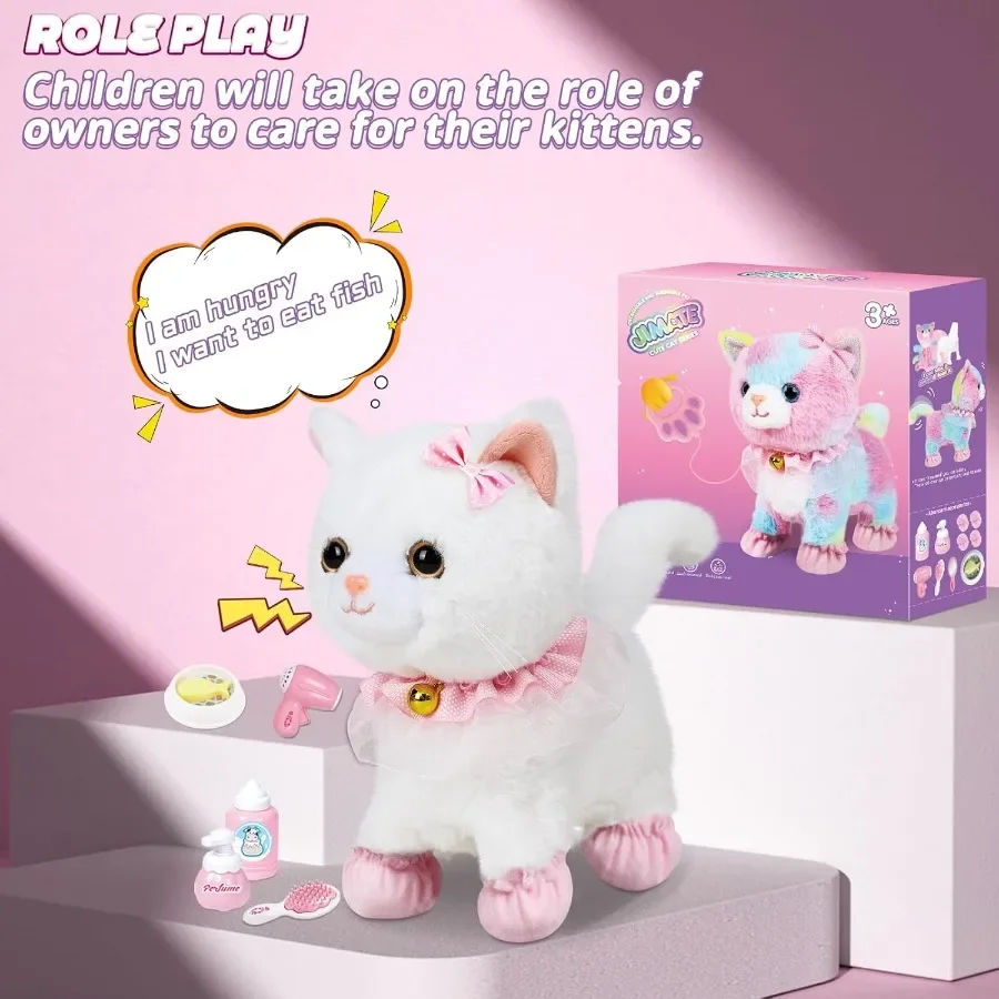 Interactive Electronic Plush Toy Walking and Barking Robot Cat Remote Control Kitten for Girls White Cat Soft Fabric Cute Desig
