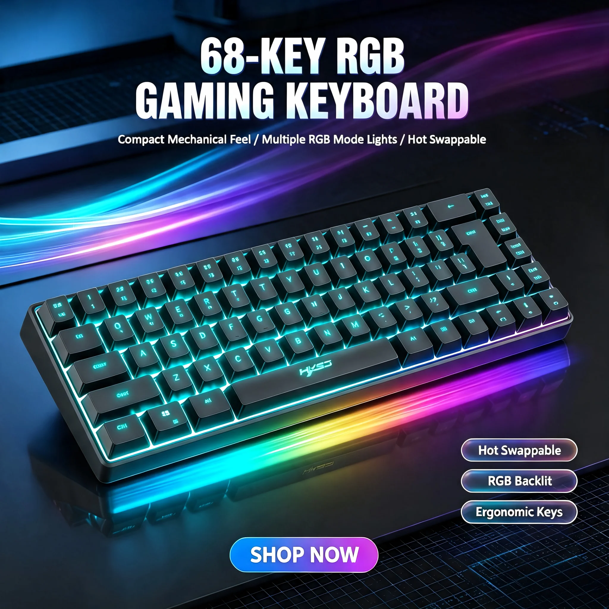 HXSJ V200 Wired Keyboard Portable 68 Key Mechanical Touch Film Gaming Keyboard 19-Key Conflict-Free Membrane  RGB Backlight