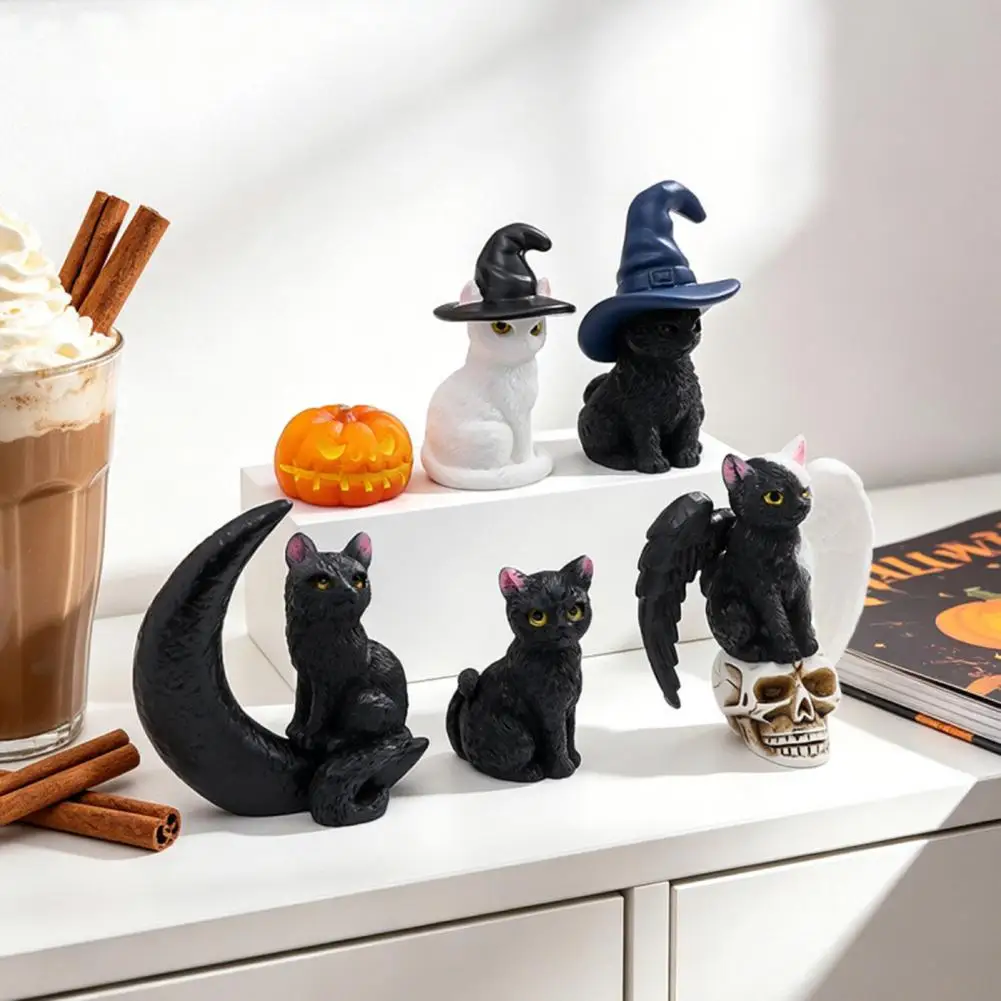 2026 Halloween Cat Figurine, Resin Witch Hat/Moon/Pumpkin/Skull Cat Statue for Halloween Tabletop, Mantel, Shelf, Desk Decor 97