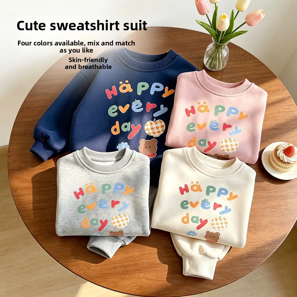 Autumn Costume Long-sleeved Outfits Kids Round Neck Sweatshirts Solid Color Pants 2pcs Toddler New Printed Hoodie Trousers