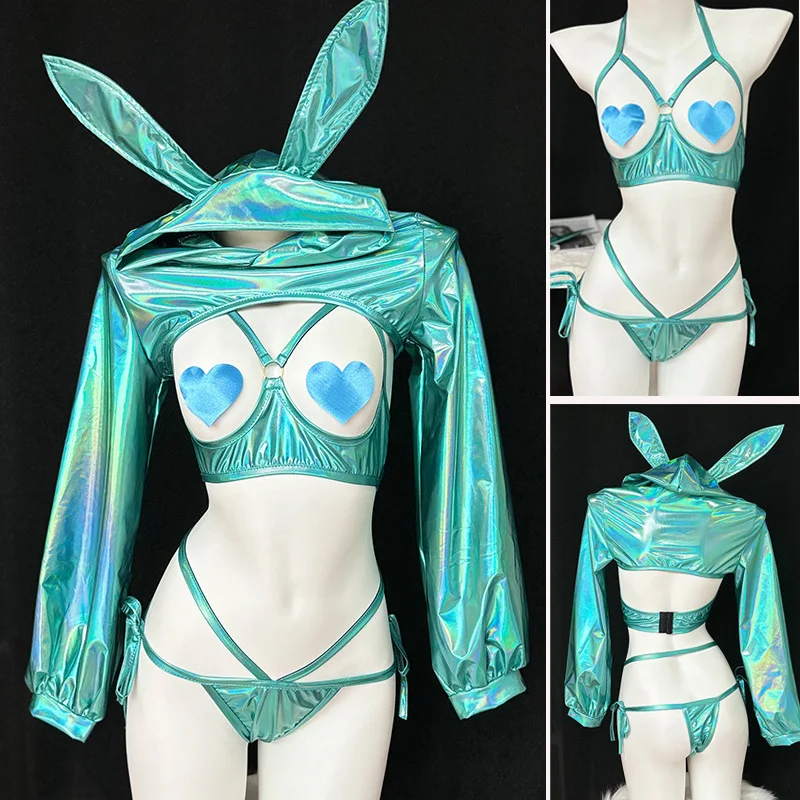 

2025 New Original Blue Laser Cosplay - Cyberpunk Bunny Girl Plunging Neckline, Mature Seductive Lingerie with Nipple Covers