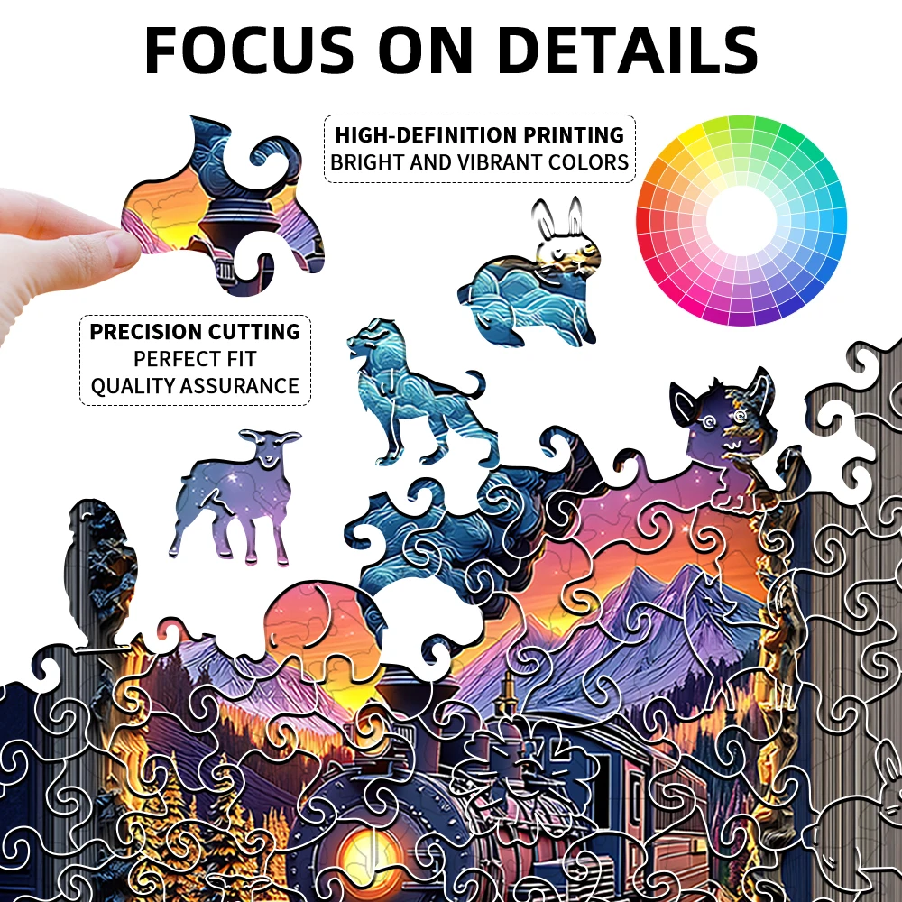"Puzzle en bois de train |   Jeu de cerveau stimulant avec des pièces coupées irrégulières • Construction en bois durable • œuvres d'art colorées et int