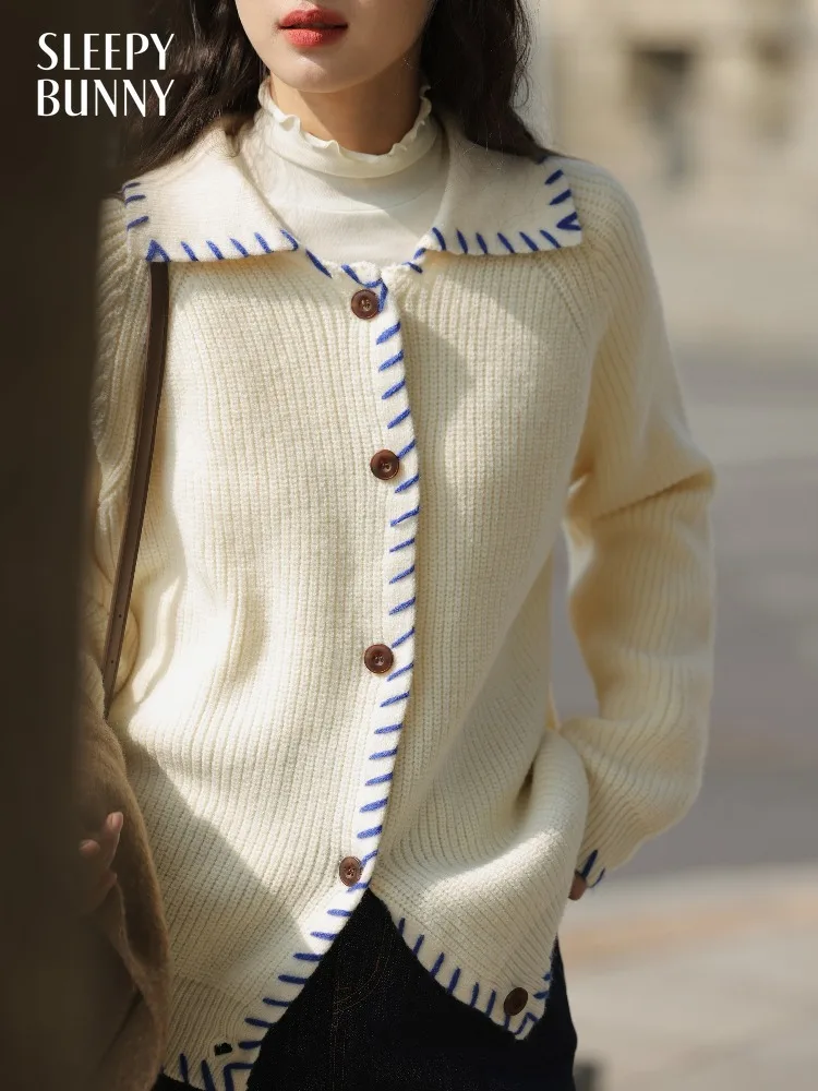 

Soft Contrast Trim Knit Cardigan Sweater for Women Lady Raglan Sleeve Button-Up Top Cozy Lazy Style Spring Daily Layering Outfit