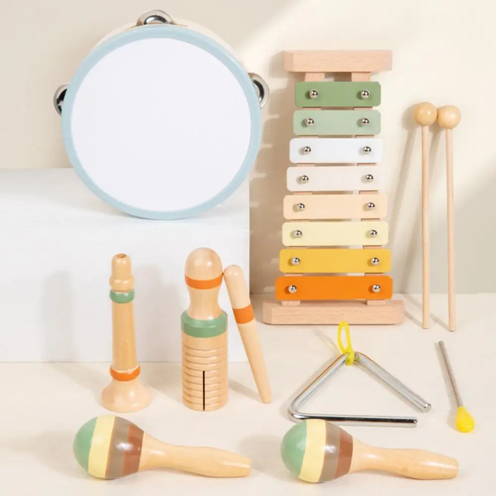 6Pcs/Set Kids Musical Instrument Kit Wooden Xylophone Maracas Clarinet Tambourine Triangle Sounder Educational Percussion Toy