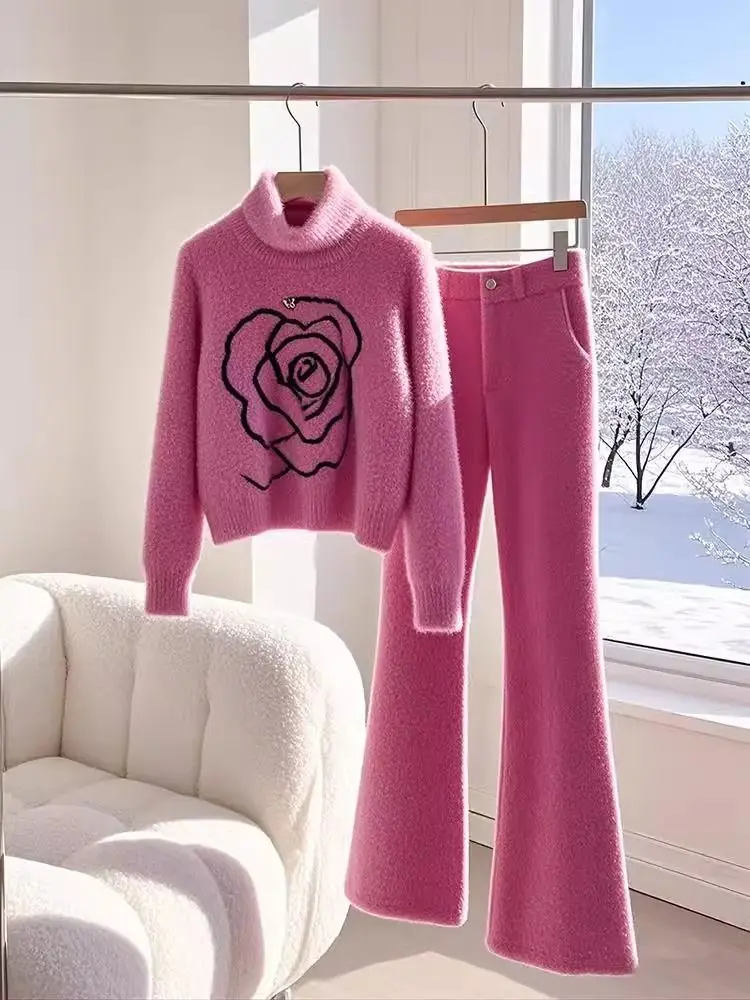 New High Quality Knitted Cashmere Wool Two Piece Set Women Fashion Rose Printed Turtleneck Sweater + Flare Pants Winter Suit