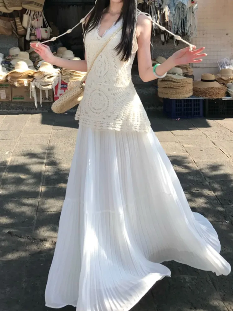 

Women Vintage Bohemain Two Pieces Sets Elegant Hollow Knitted Sleeveless+High Waist Skirt Vacation Holiday New Chic Suit Summer