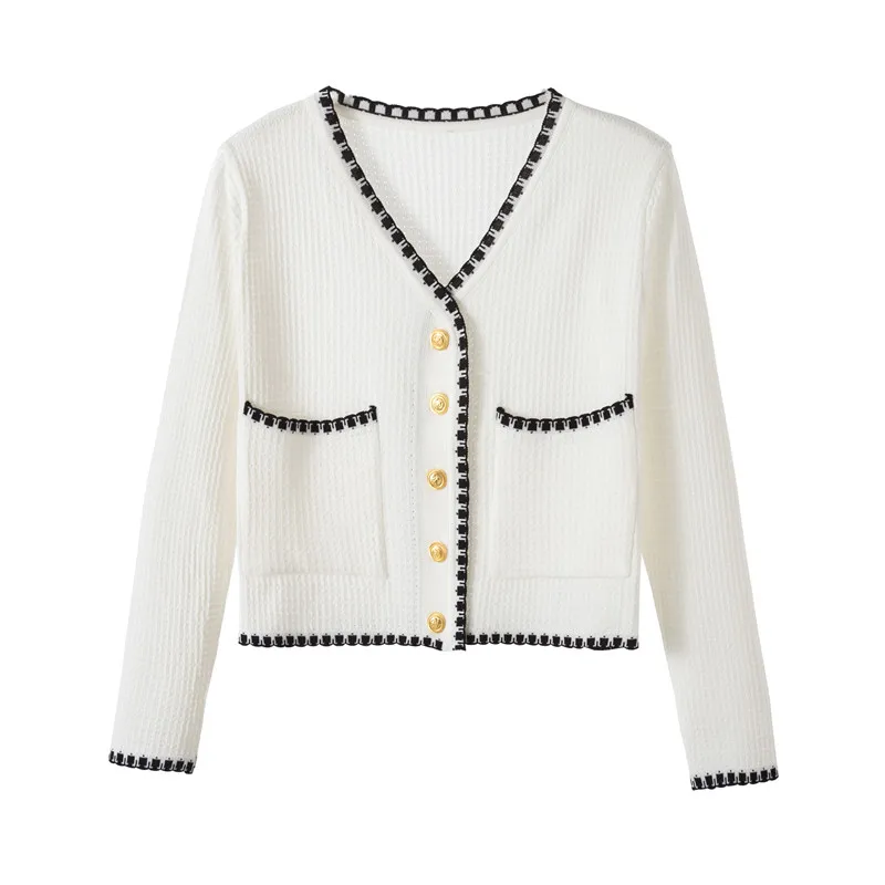 Knitted Sweater Women\'s 2024 Spring Autumn New Slim V-neck Long Sleeved Short jacket Trendy All-Matched Single Breasted Top