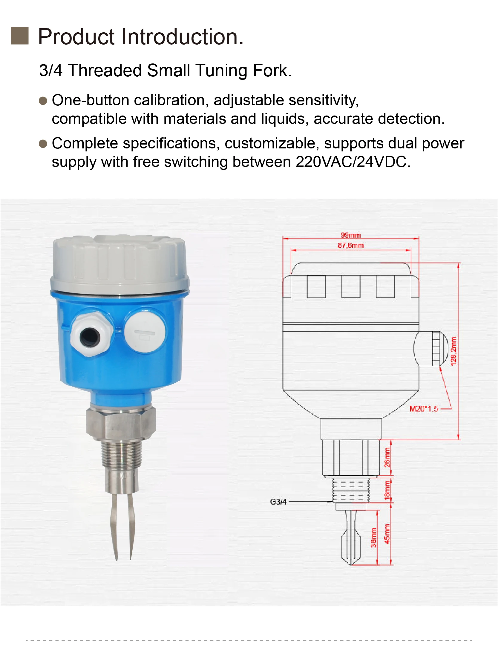 220V/24V Sensor with Aviation Hermetic Connector Head Explosion Compact 45mm Vibrating Fork Water Level Limit Switch