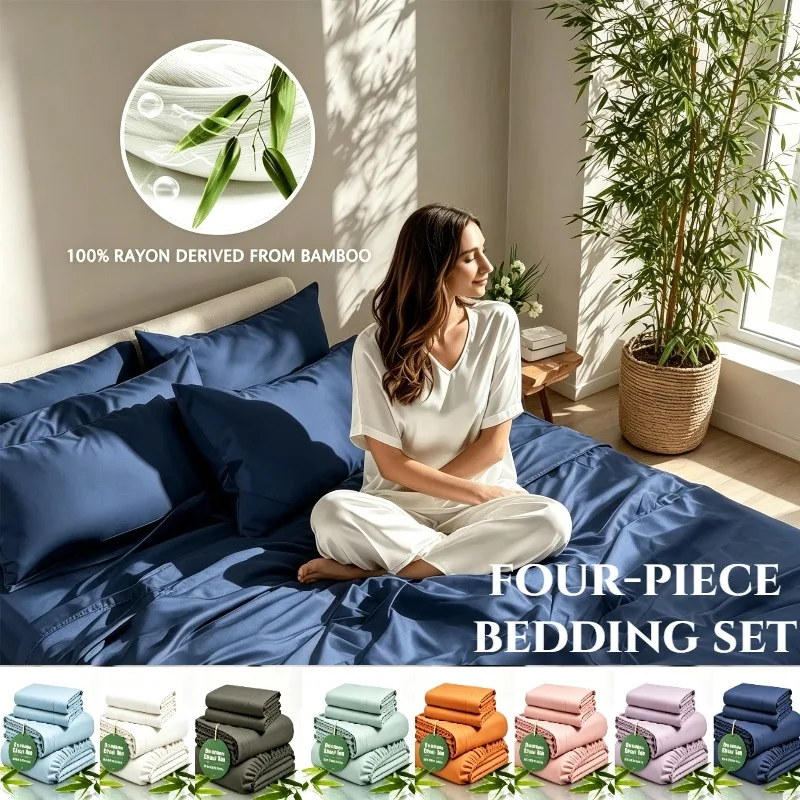 Four-piece set solid color high-count bare-sleeping ice silk cooling bedding set with breathable and cool sensation