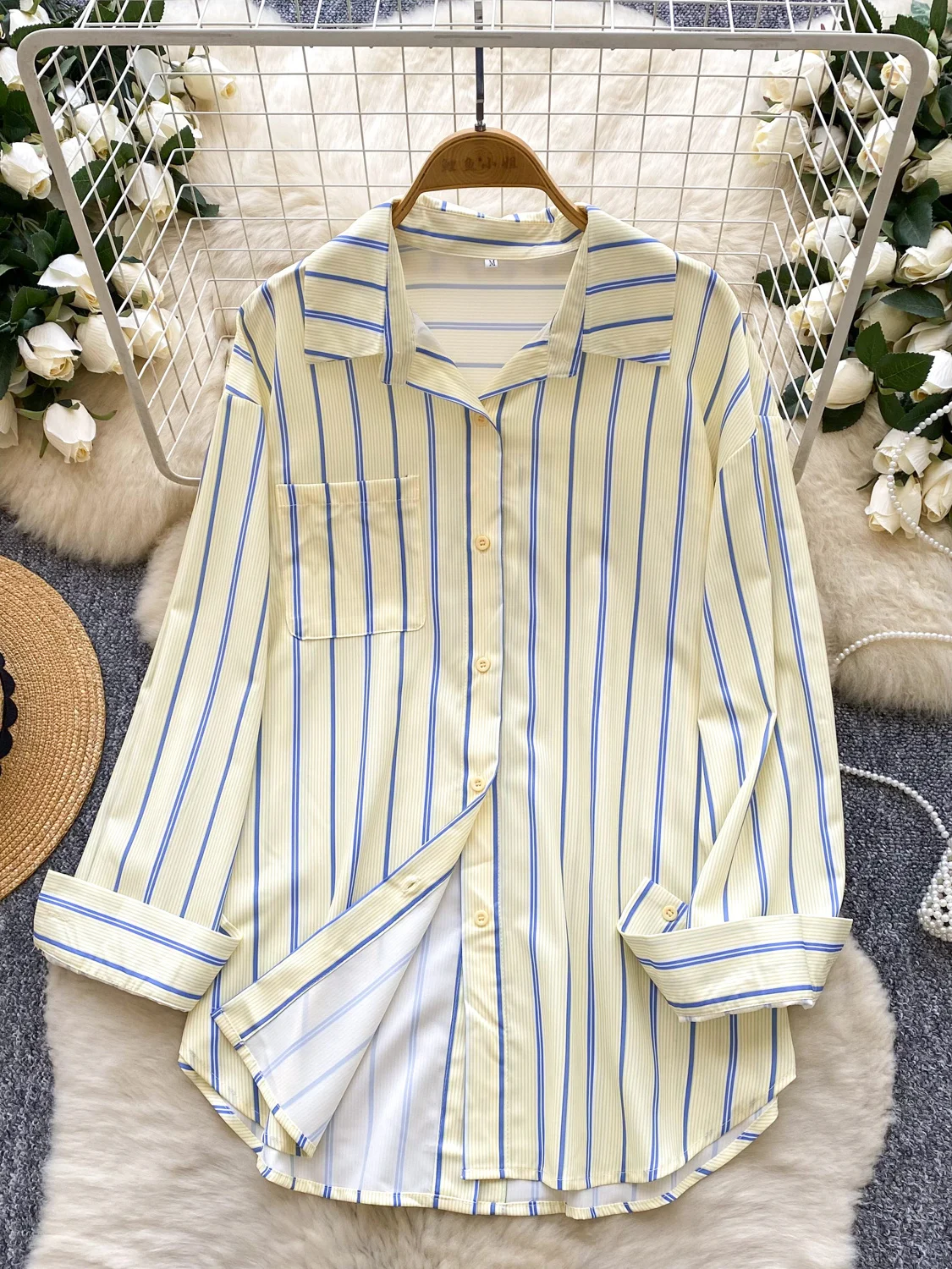 

Korean Sle Casual Loose Long Sve Striped irt Women's Autumn Faionable Versatile Single Button Breathable Polyester F...