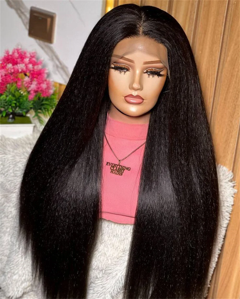 Perruque Lace Front Wig Yaki Synthétique, Cheveux Crépus Lisses, Doux, Longs, Noirs Naturels, 26 Pouces, Pre-Plucked, Sans Colle, pour Femme