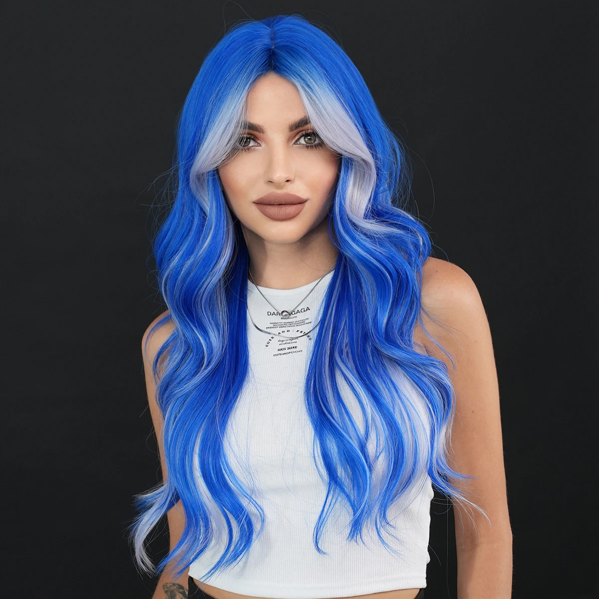 PARK YUN Long Loose Curly Blue Highlight Ash Wigs Middle Part Heat Resistant Synthetic Hair Wigs with Curtain Bangs