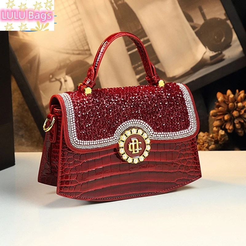 

Luxury Fashion Diamonds Women Handbag 2024 Red Genuine Leather Niche Small Shoulder Crossbody Bag Portable Messenger Saddle Bags