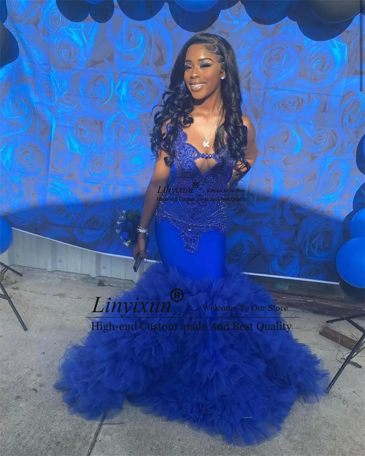 Royal Bluer Mermaid Prom Dress For Black Girls Luxury Diamonds Beaded Crystals Robe De Soiree Ruffle Birthday Evening Party Gown