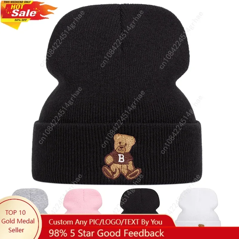 

Cute bear embroidered knitted caps for men and women, autumn and winter outdoor warm sports event woolen caps