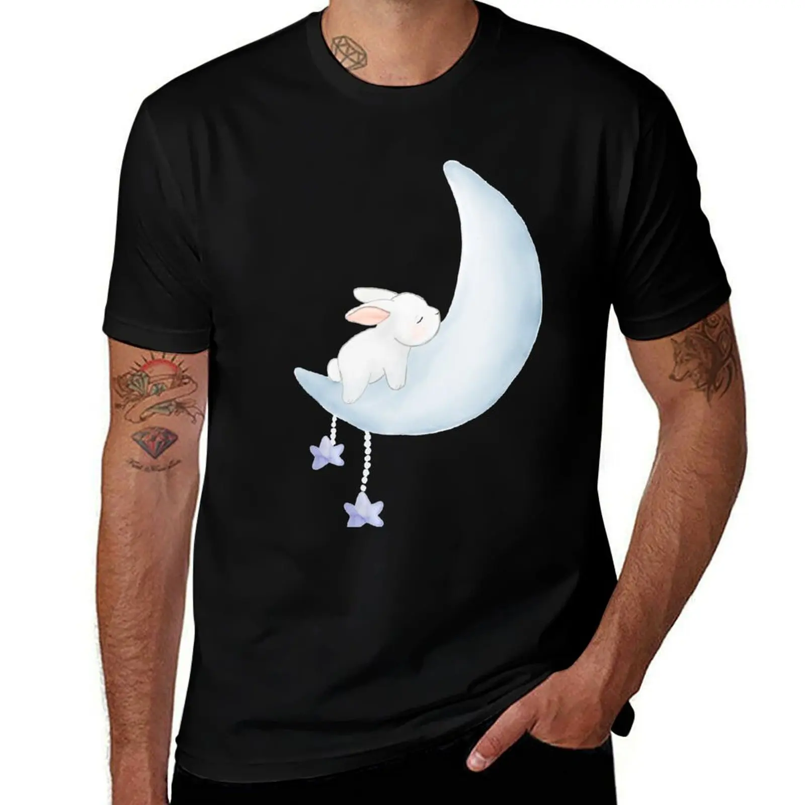 Sleeping bunny in blue moon T-Shirt Basic Casual Wear Short Sleeve Top T-Shirt