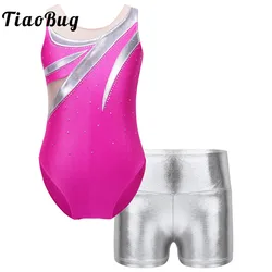 Kids Girl 2Pcs Gymnastic Leotard Outfits Metallic Sleeveless Rhinestone Ballet Leotard Gymnastics Bodysuit with Shorts Dancewear