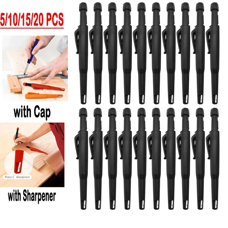 5/20 PCS Solid Carpenter Mechanical Pencil With Pen Cap Sharpener Woodworking Construction Pencil Office Supplies Stationery