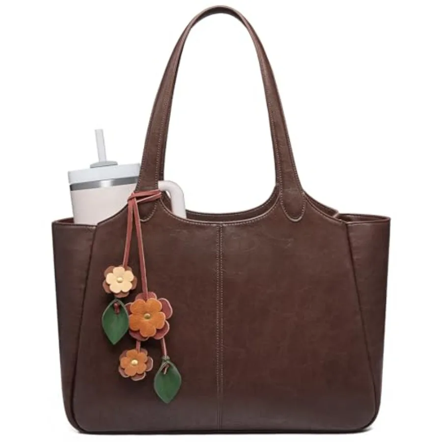 

LOVEVOOK Tote Bag for Women Leather Vintage Work Bag with 40oz Cup Holder Nurse Teacher Shoulder Bag Roomy 6 Pockets Leak-resis