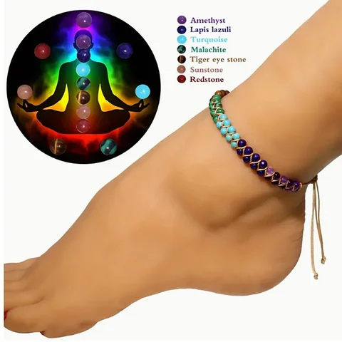 Ankle Bracelet for Women Double-Layer Braid Beach Accessories 7 Chakras Boho Turquoise Jewelry Black Green Red Summer Things