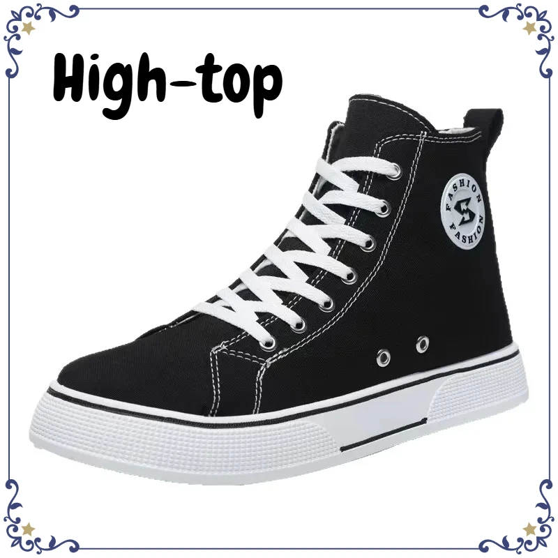 

New Black High-top Canvas Mens Shoes Breathable Soft Bottom Non-slip Lace-up Casual Board Sneakers for Daily Streetwear Sneakers