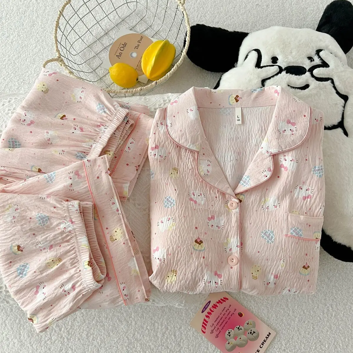 Sanrio Cotton Pajamas 3 Piece Summer Nightwear Pant Shorts Short Sleeve Sleepwear Hello Kitty Pyjama Kawaii Pijama Home Clothes