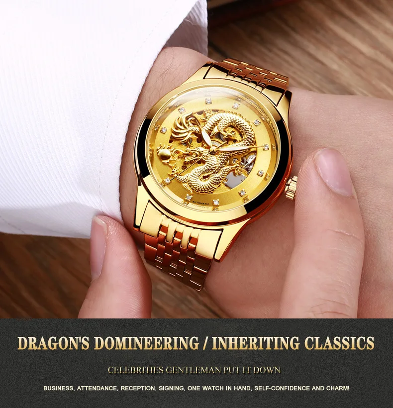 MOHDNE Brand Luxury Automatic Mechanical Watches for Men Gold Dragon Watch Male Clock Waterproof Unique Gift Relogio Masculino