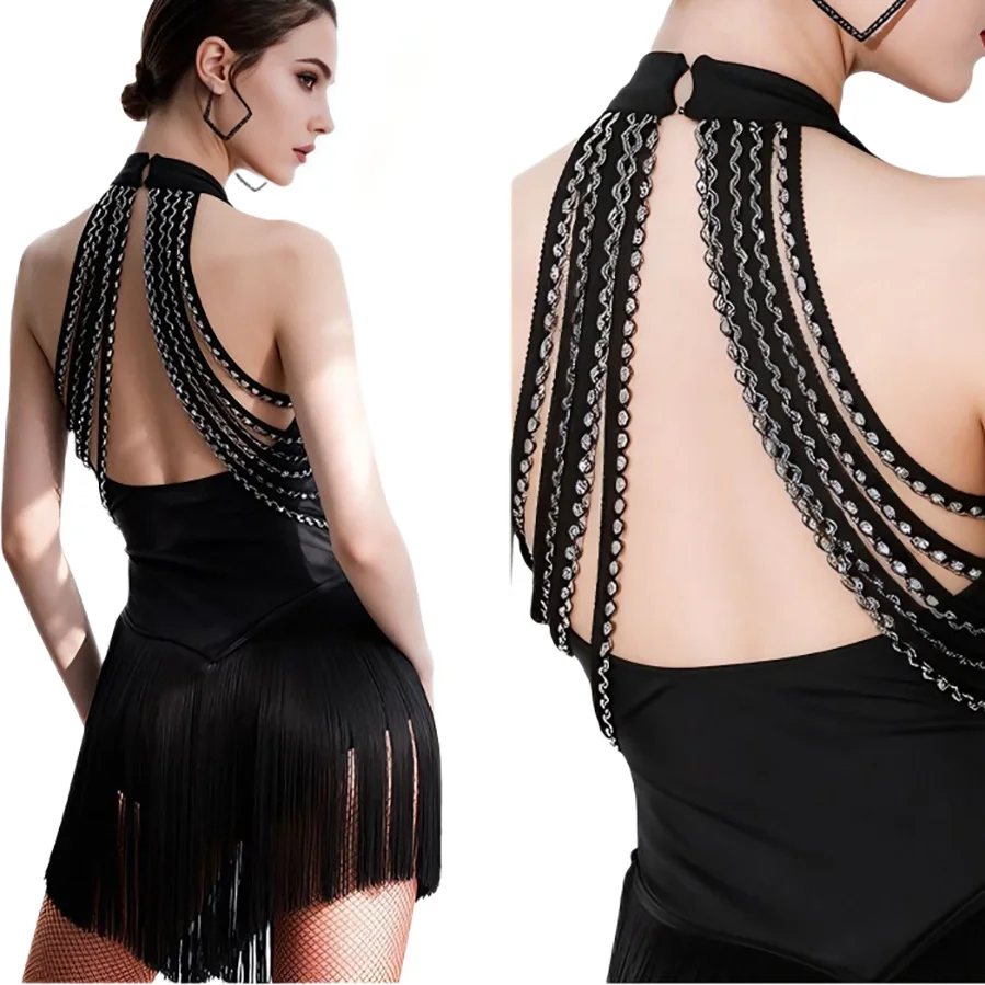 Women Black Halter Latin Dance Dress Tassel Fringe Salsa Ballroom Competition Performance Costume
