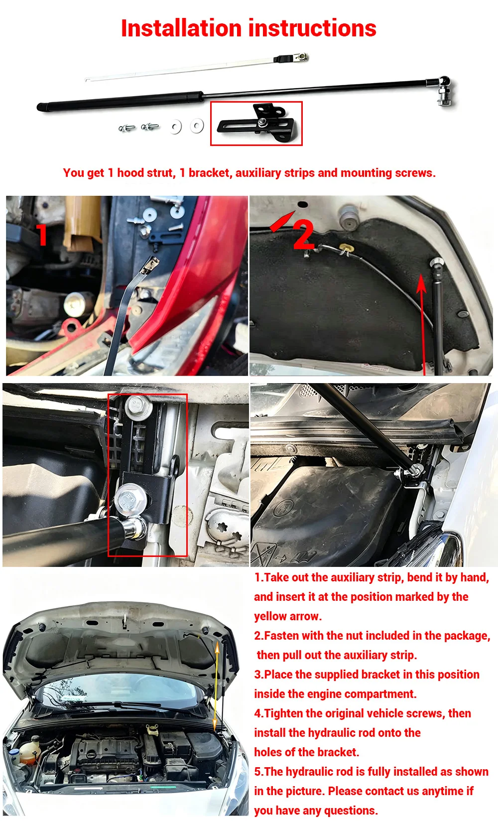 For 2007-2013 Peugeot 308 T5 Car Bonnet Hood Support Hydraulic Rod Strut Bars Lift Spring Shock Bracket Styling