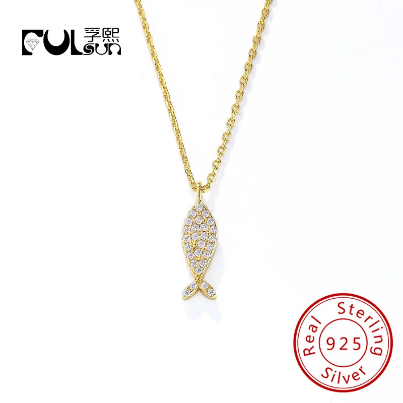 14k gold plated Cute animal Zircon Fish Pendant Necklace jewelry 925 Sterling Silver necklace for Kids Girls