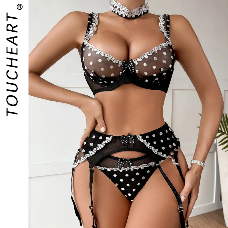 

Toucheart Sexy Female Lingerie Polka Embroidery Perspective Steel Bracelet Bra Black Sexy Women's Underwear Lingeries Sexy Hot