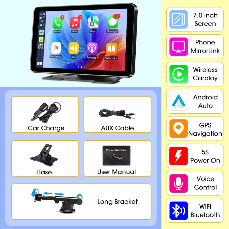7 inch draagbare autoradio draadloze CarPlay Android Auto WIFI multimedia videospeler auto intelligent systeem 5G WIFI BT FM AUX