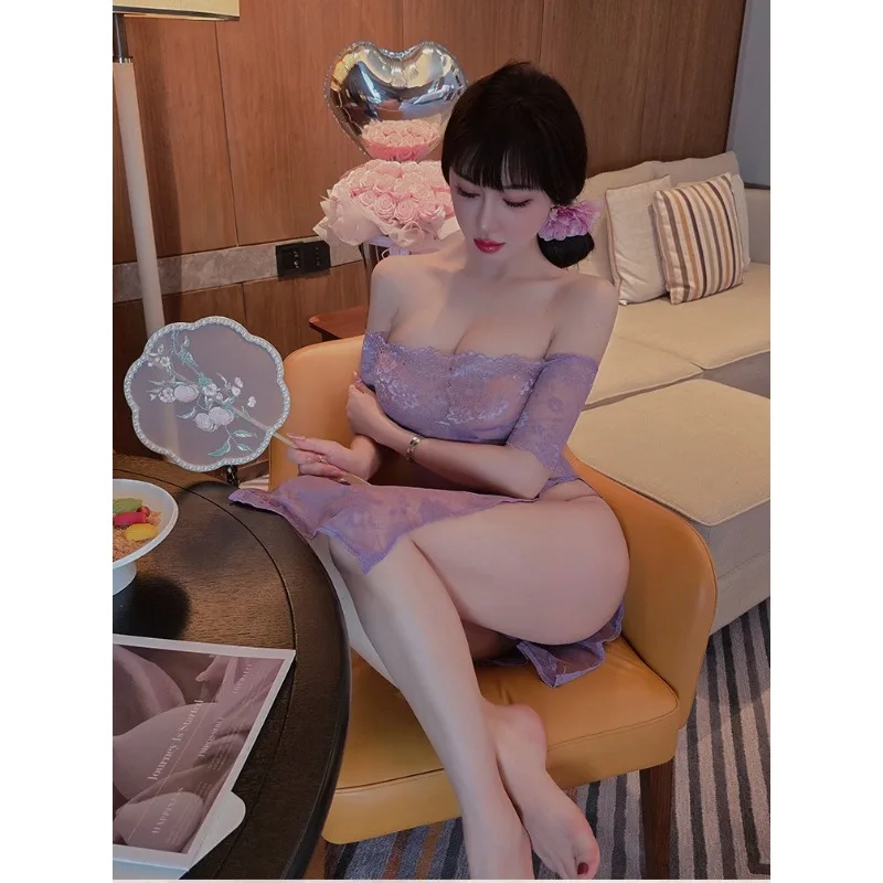 السيدات الملابس الداخلية المثيرة الدانتيل جوفاء خارج منظور فستان أرجواني رغبة نقية ملابس خاصة مجموعة شيونغسام الساخنة