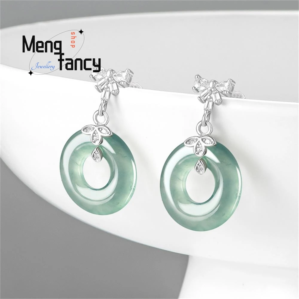 Natural A-goods Jadeite Blue Water Ice Jade Earrings S925 Silver Inlaid High-grade Fashion Exquisite Luxury Jewelry Holiday Gift