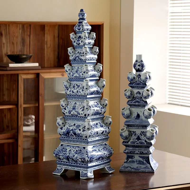 Creative Chinese Floor-standing Vase Blue And White Pagoda Porcelain Ornament Detachable Oriental Classical Traditional Craft Ho