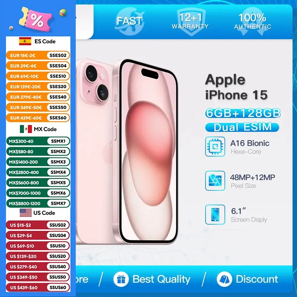 Apple iPhone 15 5G Mobile Phone 6.1" Super Retina Dynamic Island 128/256/512GB ROM A16 Bionic Hexacore IOS Dual ESIM CellPhone