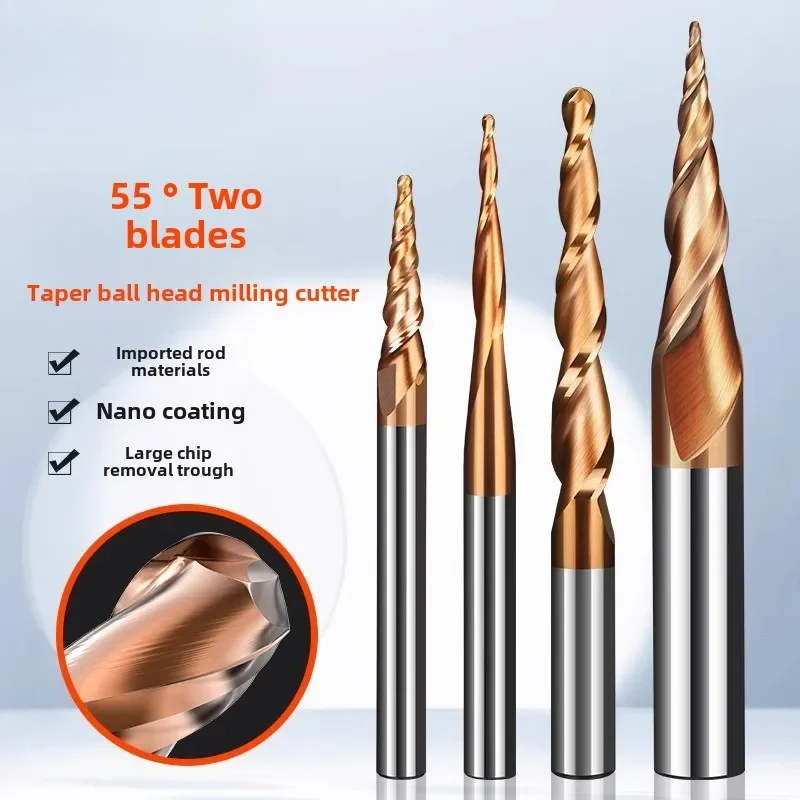 BIESUO Carbide Ball Nose Router Bit CNC Tapered End Mills 2 Flutes  HRC55 Milling Cutters Endmill Wood Metal Engraving Tool