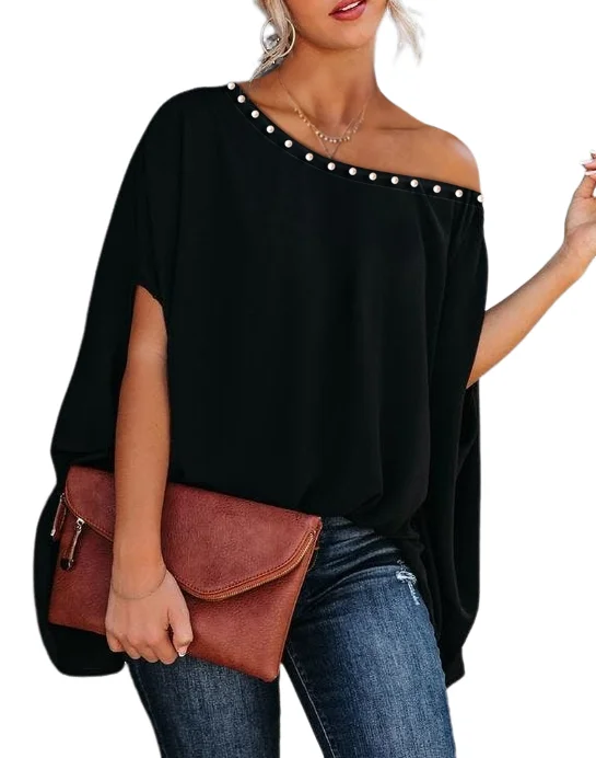 

Y2K Clothing Top Women 2023 Autumn New Fashion Casual One Shoulder Black Cloak Bat Sleeves Loose Shirt Temperament Commuting