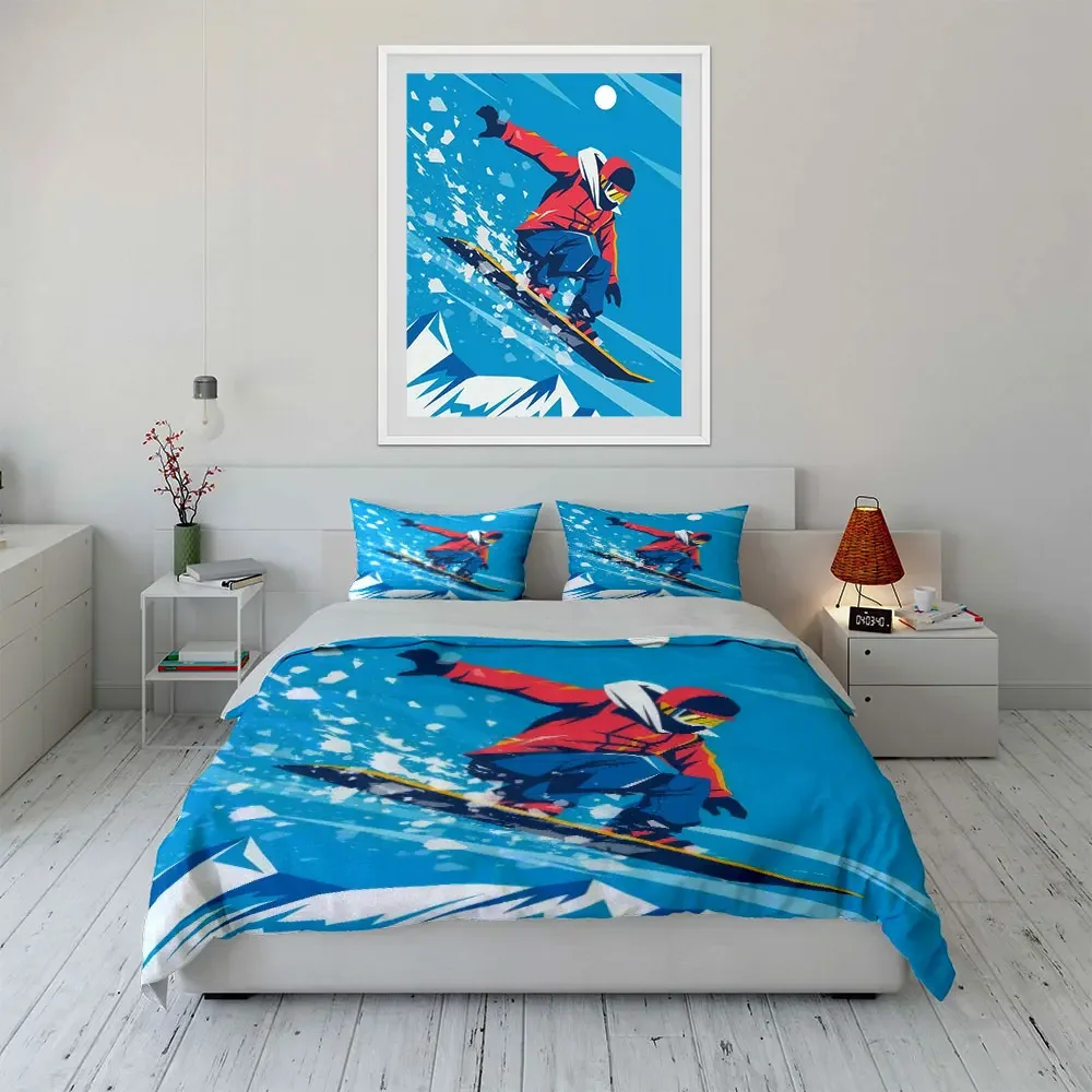 Snowboarding Adventure Poster Set Bedding Set with 1 Duvet Cover 2 Pillowcases Single Double King Queen, Gift
