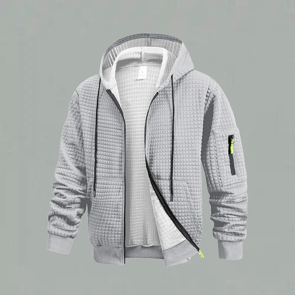 

Мужская спортивная куртка с капюшоном из вафельной вязки. Универсальная и модная удобная и простая однотонная верхняя одежда для активного отдыха.