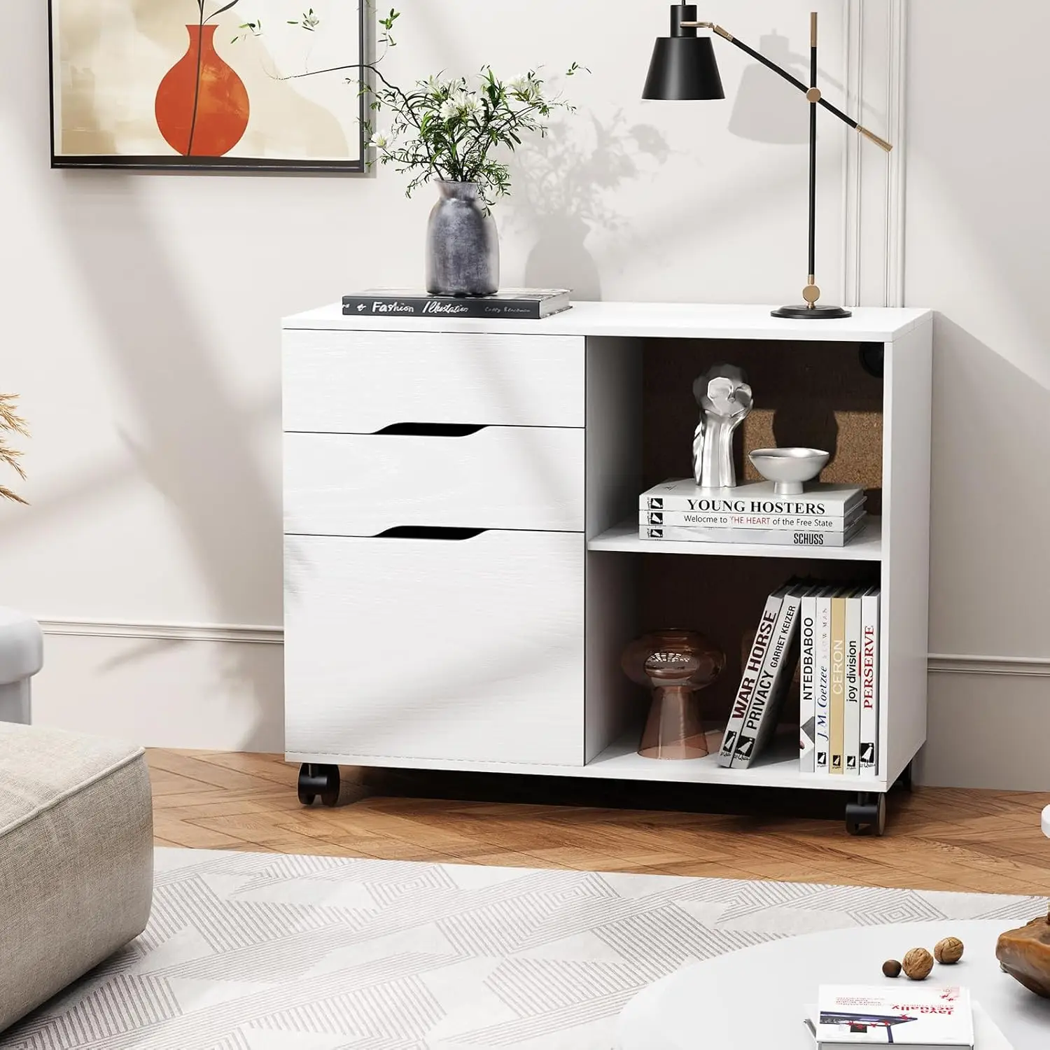 

3-Drawer Wood Mobile File Cabinet Printer Stand Wheels Open Shelves Home Office, Customized