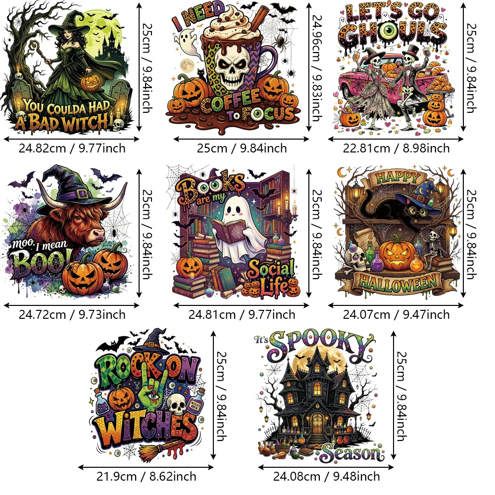 8Pcs Halloween DTF Transfers, Magic Black Cat & Scene for Family Outfits DIY, Ready to Press Heat Transfer Stickers view 2