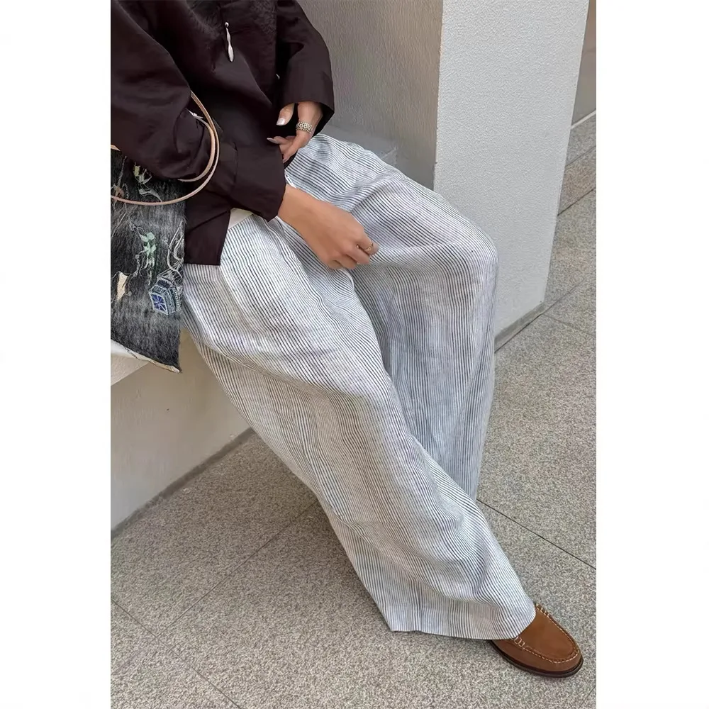 2026 Spring/Summer New Casual Loose Straight Leg Pants 100% Linen Striped Wide Leg Pants for Women