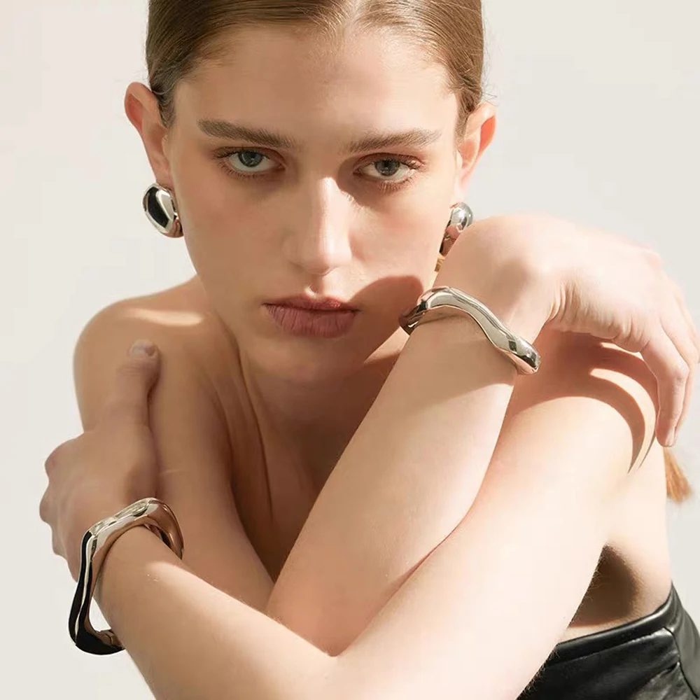 KAYMEN Irregular Wide Bangle Fashion Open Women Vintage Zinc Alloy Geometric Hip Hop Punk Gold Silver Jewelry Statement Bracelet