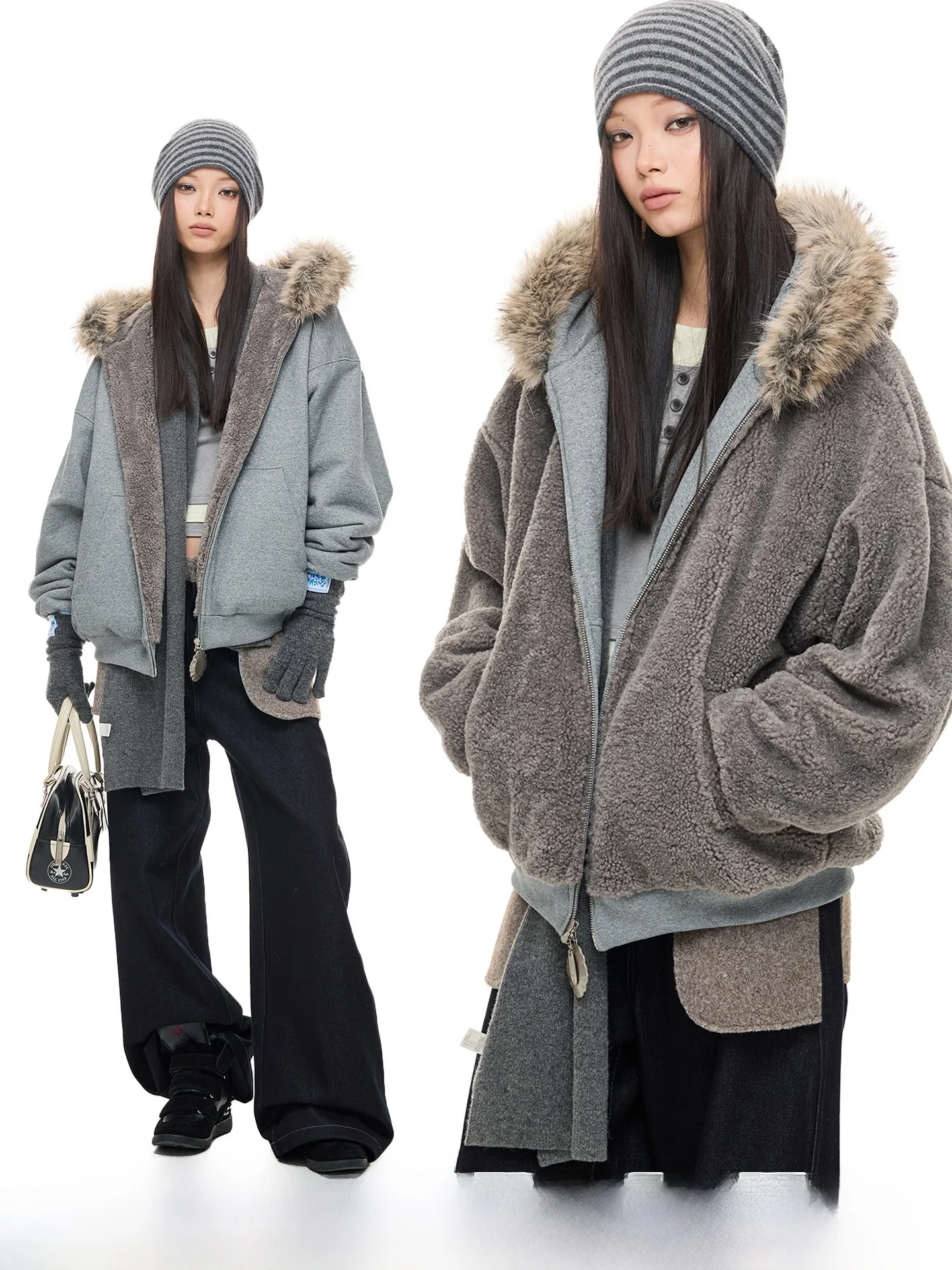 

JIKOO Cozy Flannel ort Jaet Women's Loose Fit Winter Warm Outerwear Double-Sided Wear Rough Texture Faux Fur Collar