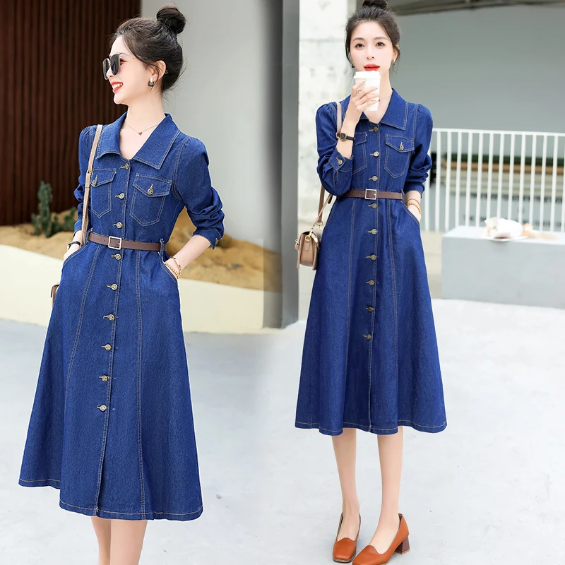 

Женское джинсовое платье с длинным рукавом, моделирующее талию, скрывающее живот, антивозрастное, осеннее, новинка, для повседневной носки, цельное