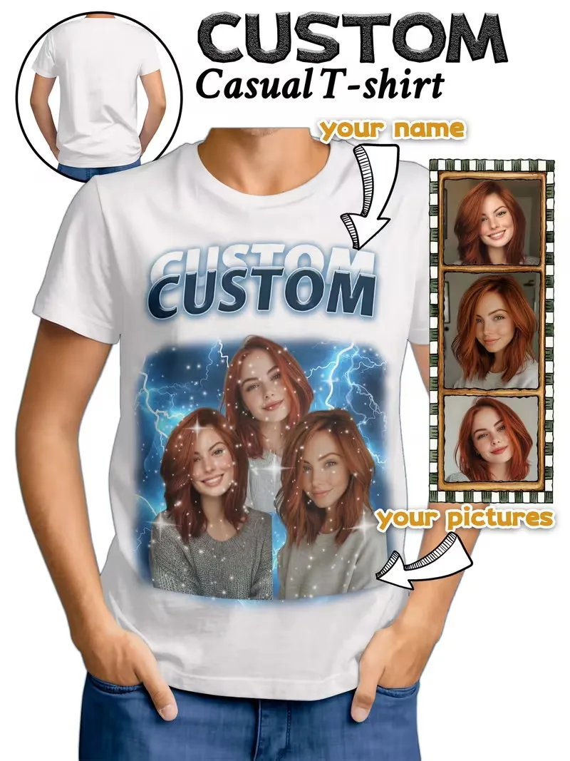 Custom Photo T-Shirt Personalized Upload Multiple Pictures Add Custom Name Men Women Crew Neck Short Sleeve Casual Tee Gift
