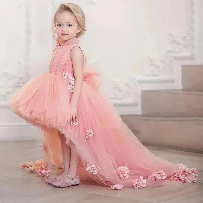 

Flower Girl Dresses Pink Tulle Puffy Flowers With Bow And Tailing Sleeveless For Wedding Party Birthday Banquet Princess Gowns