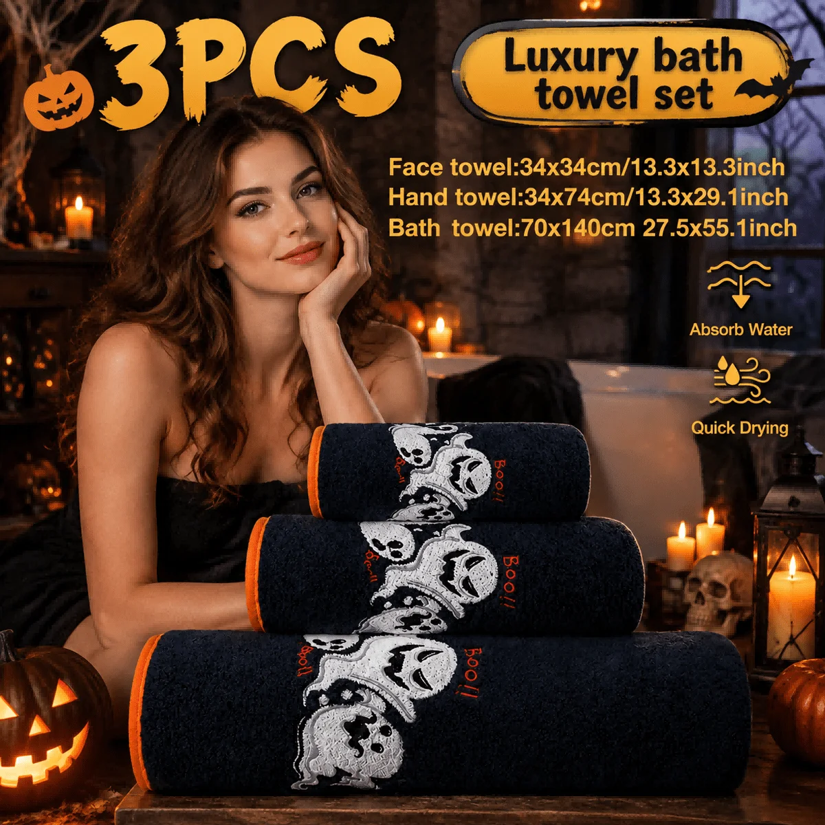 3-Piece Halloween Coral Fleece Towel Set, soft absorbent quick-dry bath towel, face towel & washcloth with spooky ghost patterns. Great holiday bathroom decor, ideal Halloween gift for family and friends.