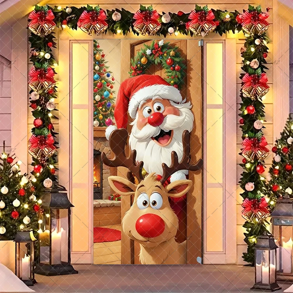 عيد الميلاد روح الدعابة سانتا كلوز والأيائل الباب راية زينة الحفلات داخلي في الهواء الطلق شرفة غطاء الباب لوازم هدايا احتفالية #6